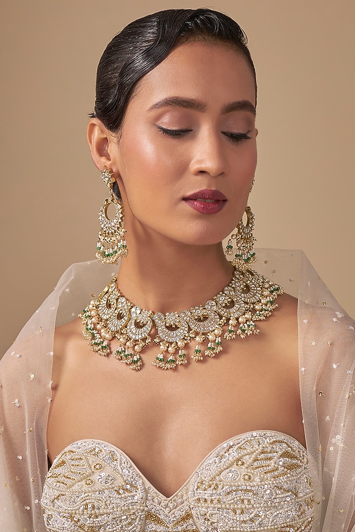 Gold Finish Kundan Polki & White Beaded Necklace Set by Preeti Mohan at Pernia's Pop Up Shop