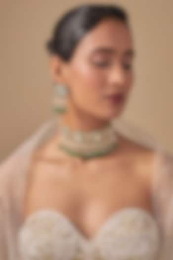Gold Finish Green Kundan Polki Necklace Set by Preeti Mohan at Pernia's Pop Up Shop