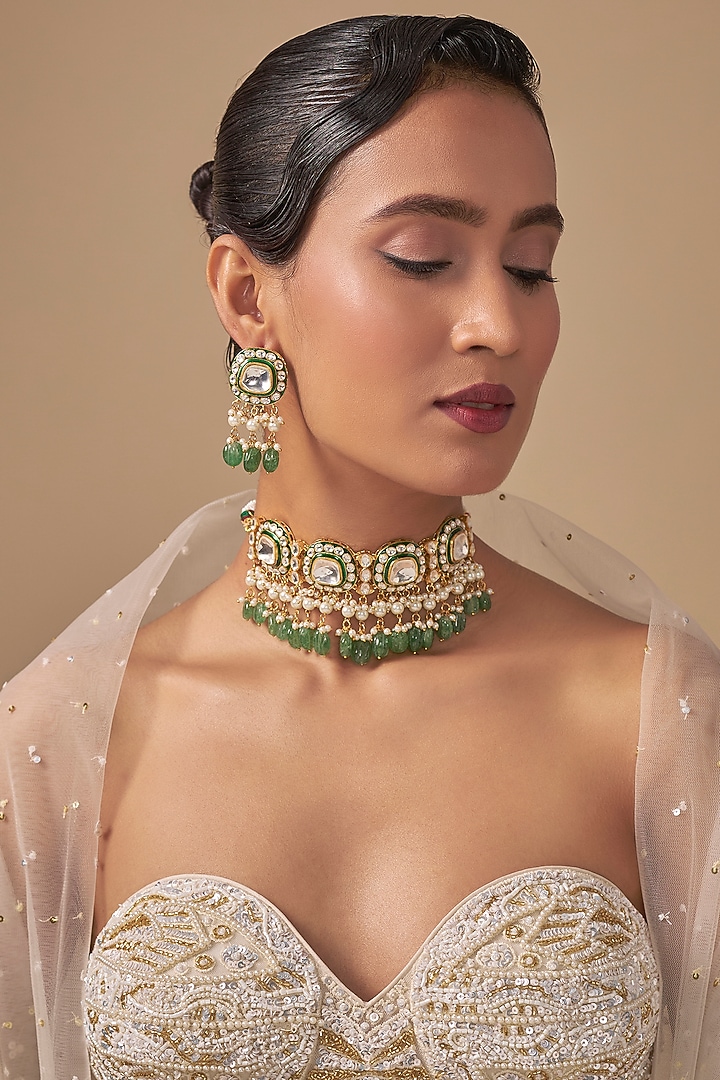 Gold Finish Green Kundan Polki Necklace Set by Preeti Mohan at Pernia's Pop Up Shop