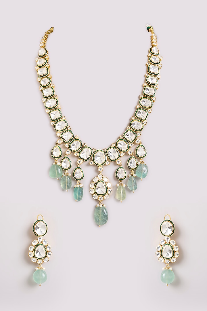 Gold Finish Kundan Polki & Mint Stone Long Necklace Set by Preeti Mohan at Pernia's Pop Up Shop