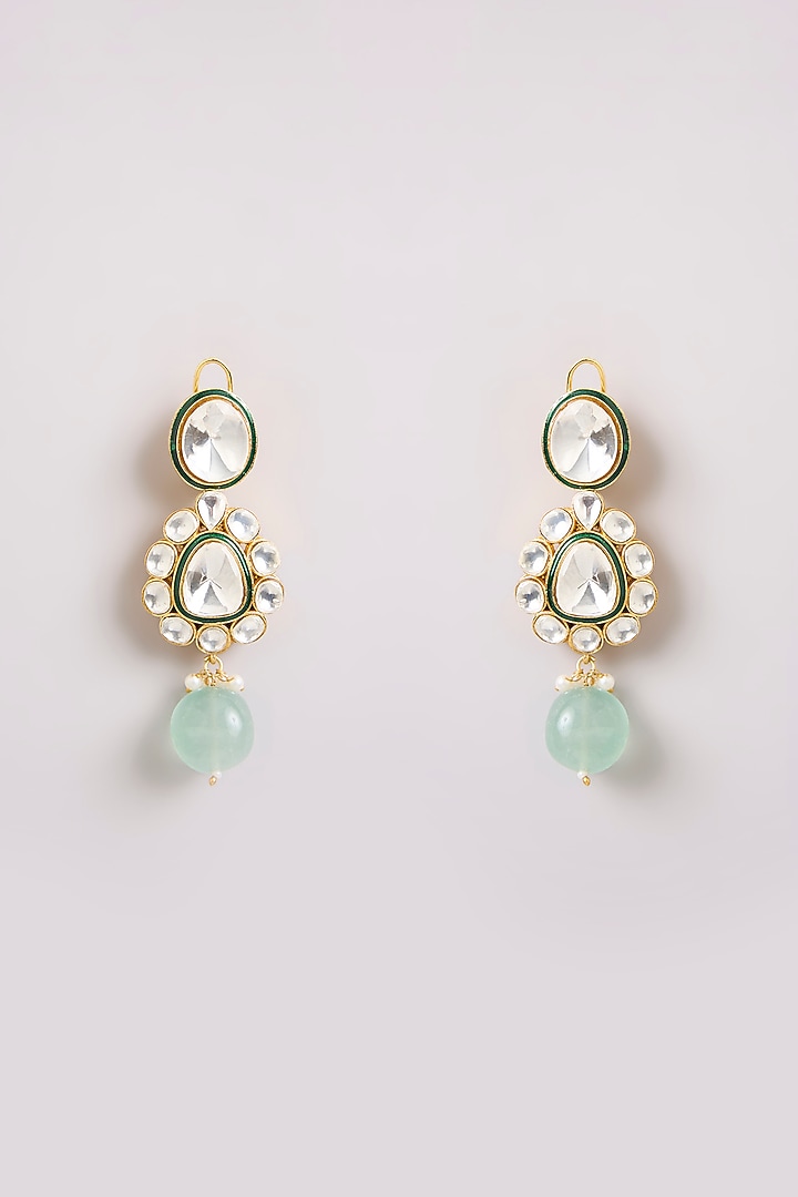 Gold Finish Kundan Polki & Mint Stone Long Necklace Set by Preeti Mohan at Pernia's Pop Up Shop
