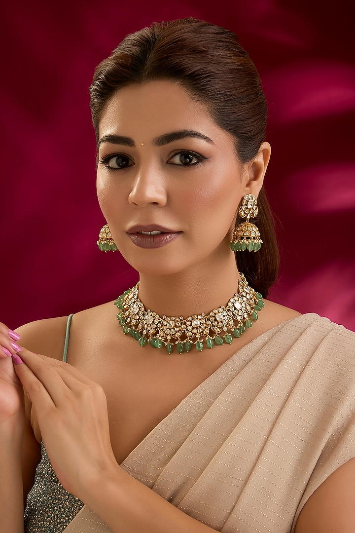 Gold Finish Kundan Polki & Mint Stone Choker Necklace Set by Preeti Mohan at Pernia's Pop Up Shop