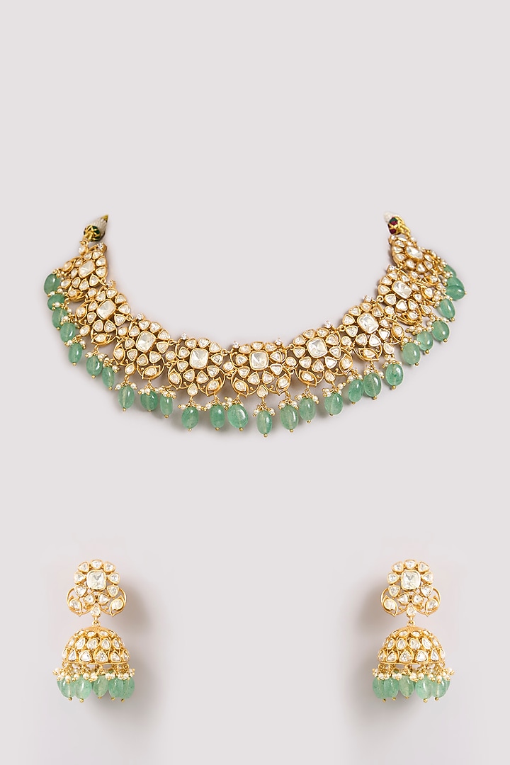 Gold Finish Kundan Polki & Mint Stone Choker Necklace Set by Preeti Mohan at Pernia's Pop Up Shop