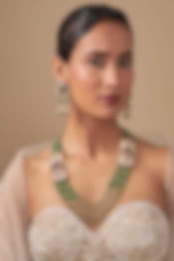 Gold Finish Kundan Polki & Green Beaded Layered Necklace Set by Preeti Mohan at Pernia's Pop Up Shop
