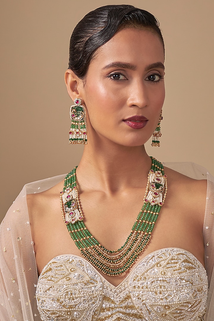 Gold Finish Kundan Polki & Green Beaded Layered Necklace Set by Preeti Mohan at Pernia's Pop Up Shop