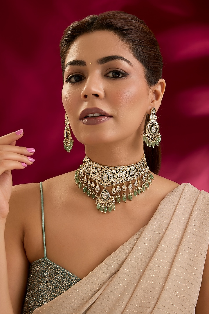Gold Finish Kundan Polki & Mint Stone Choker Necklace Set by Preeti Mohan at Pernia's Pop Up Shop