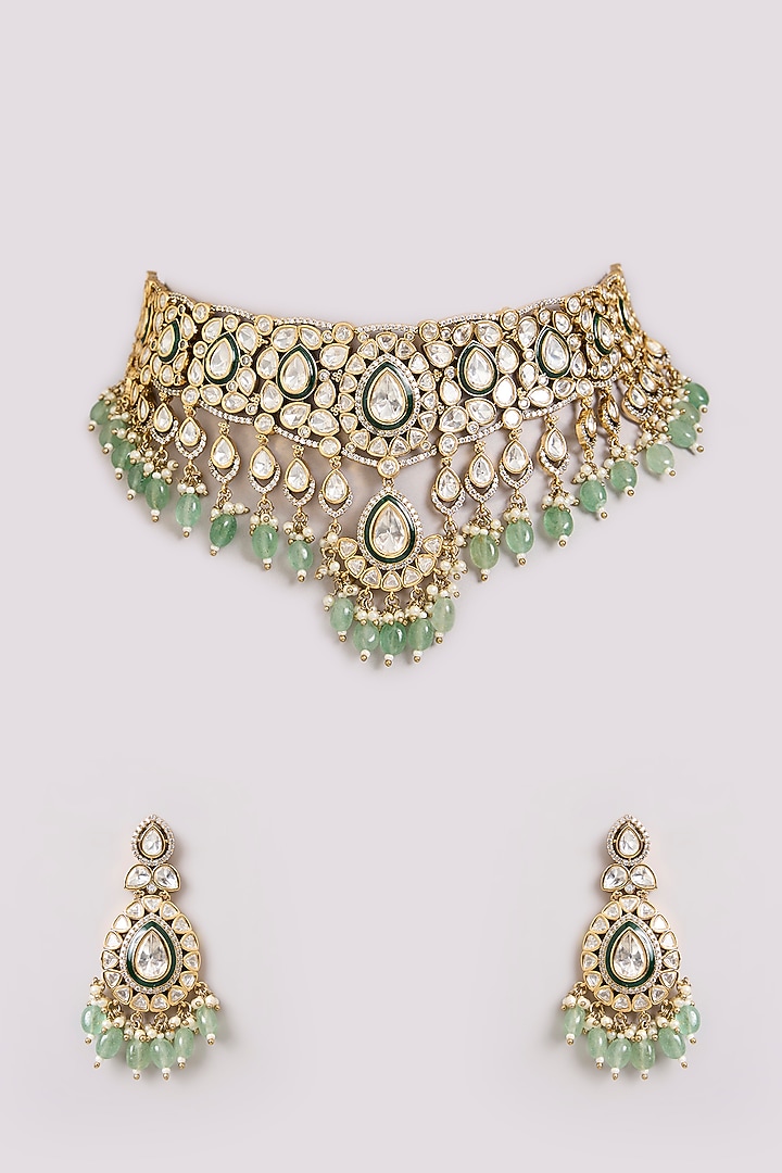 Gold Finish Kundan Polki & Mint Stone Choker Necklace Set by Preeti Mohan at Pernia's Pop Up Shop