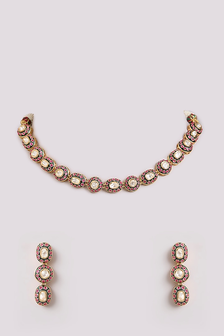 Gold Finish Kundan Polki Choker Necklace Set by Preeti Mohan at Pernia's Pop Up Shop