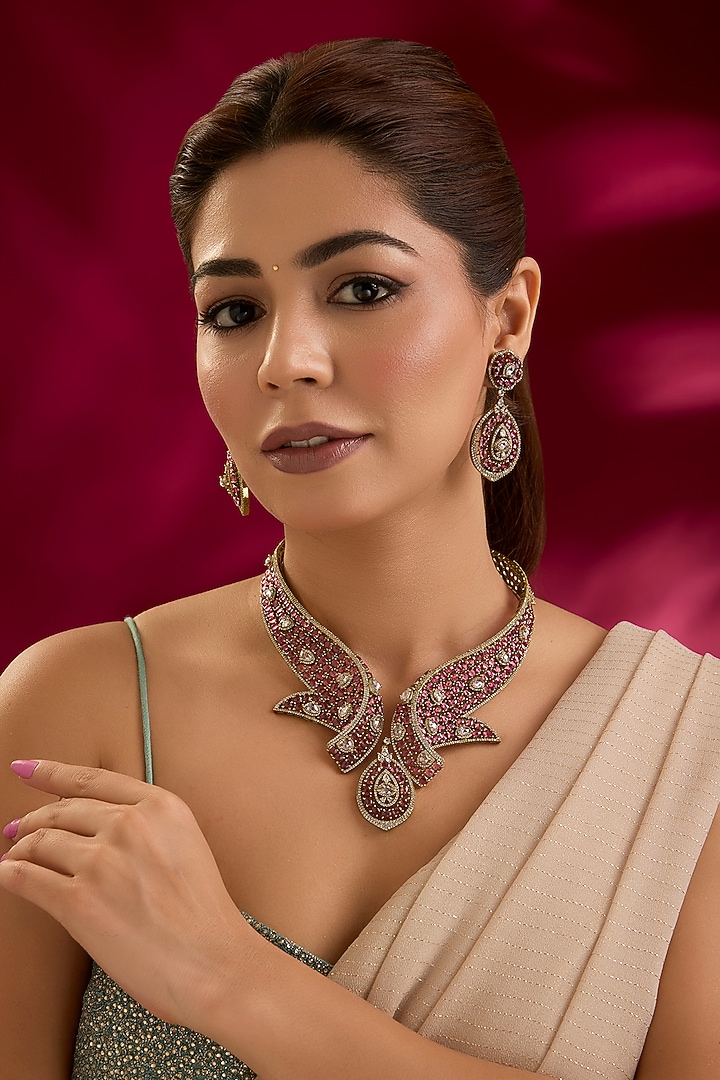 Gold Finish Red & White Stone Necklace Set by Preeti Mohan at Pernia's Pop Up Shop
