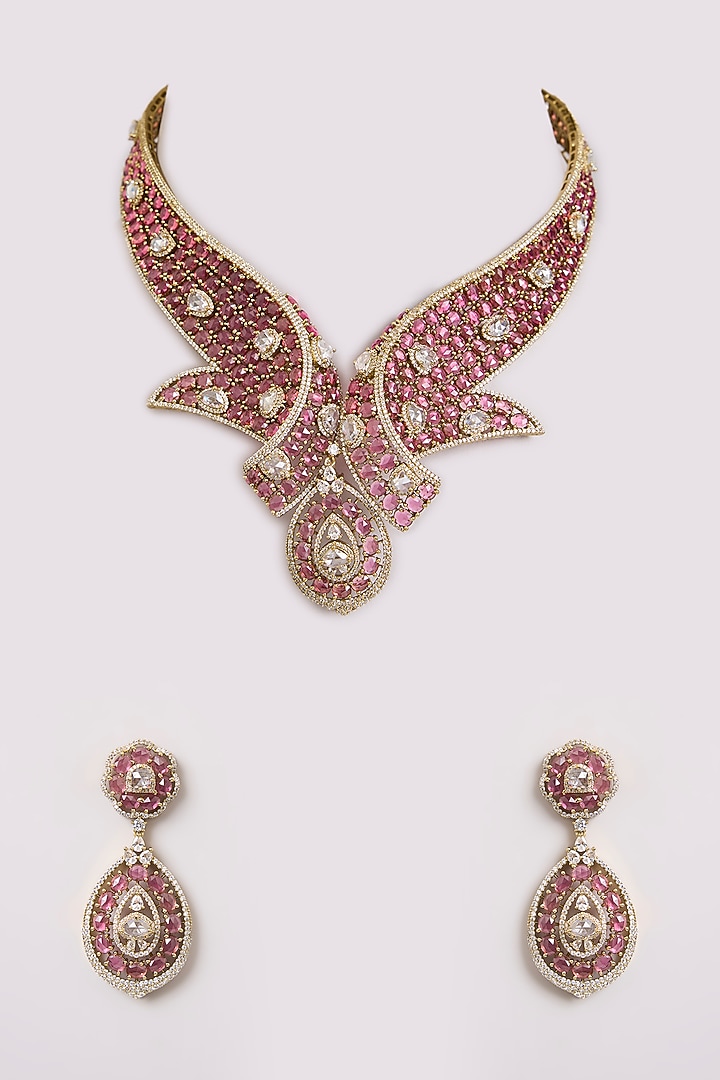 Gold Finish Red & White Stone Necklace Set by Preeti Mohan at Pernia's Pop Up Shop