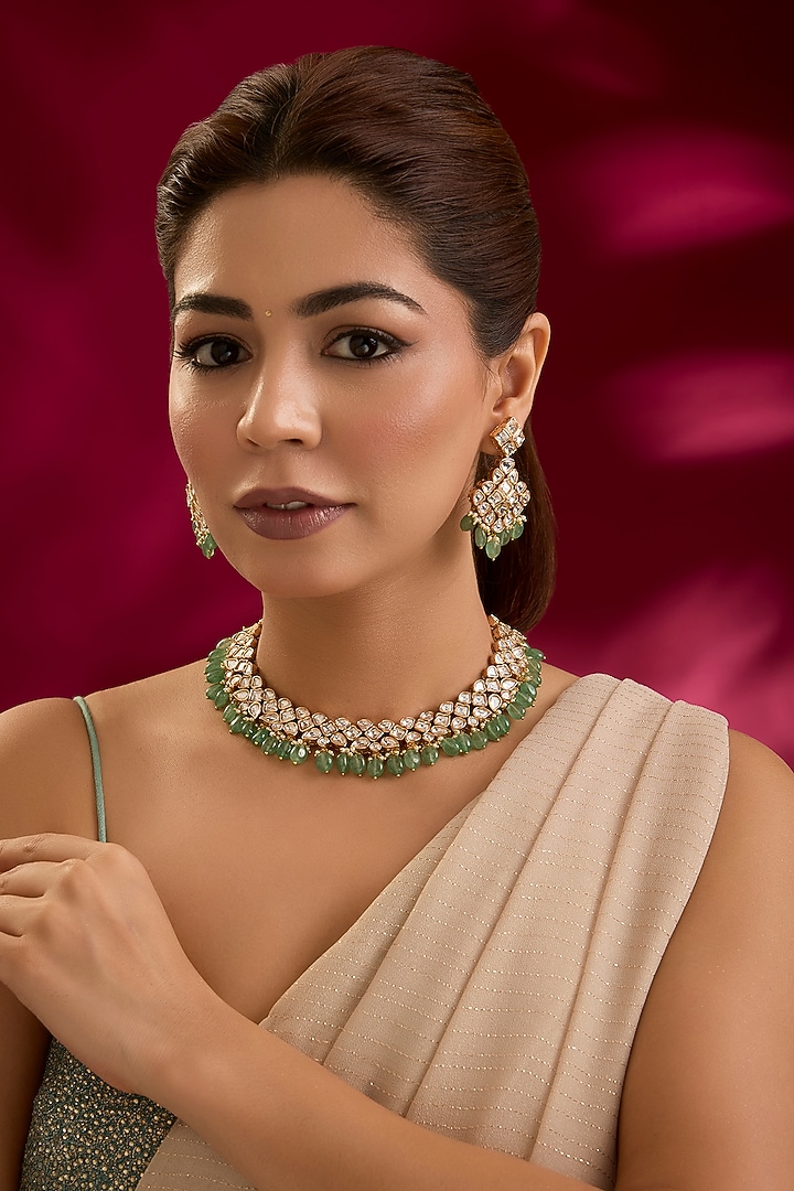 Gold Finish Kundan Polki & Mint Stone Choker Necklace Set by Preeti Mohan at Pernia's Pop Up Shop