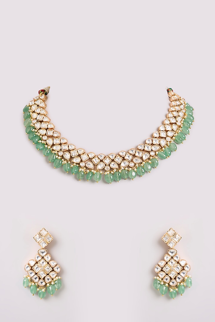 Gold Finish Kundan Polki & Mint Stone Choker Necklace Set by Preeti Mohan at Pernia's Pop Up Shop