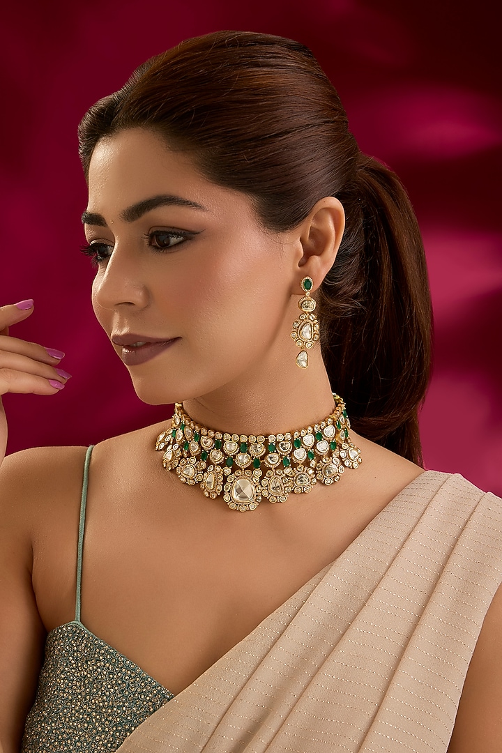 Gold Finish Kundan Polki & Green Stone Choker Necklace Set by Preeti Mohan at Pernia's Pop Up Shop