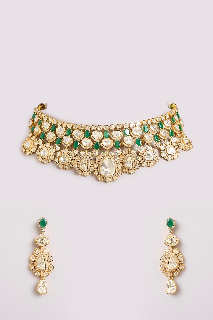 Gold Finish Kundan Polki & Green Stone Choker Necklace Set by Preeti Mohan at Pernia's Pop Up Shop