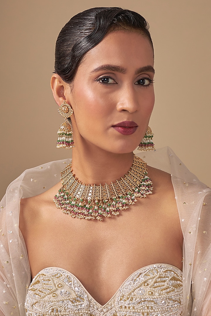 Gold Finish Kundan Polki Choker Necklace Set by Preeti Mohan at Pernia's Pop Up Shop