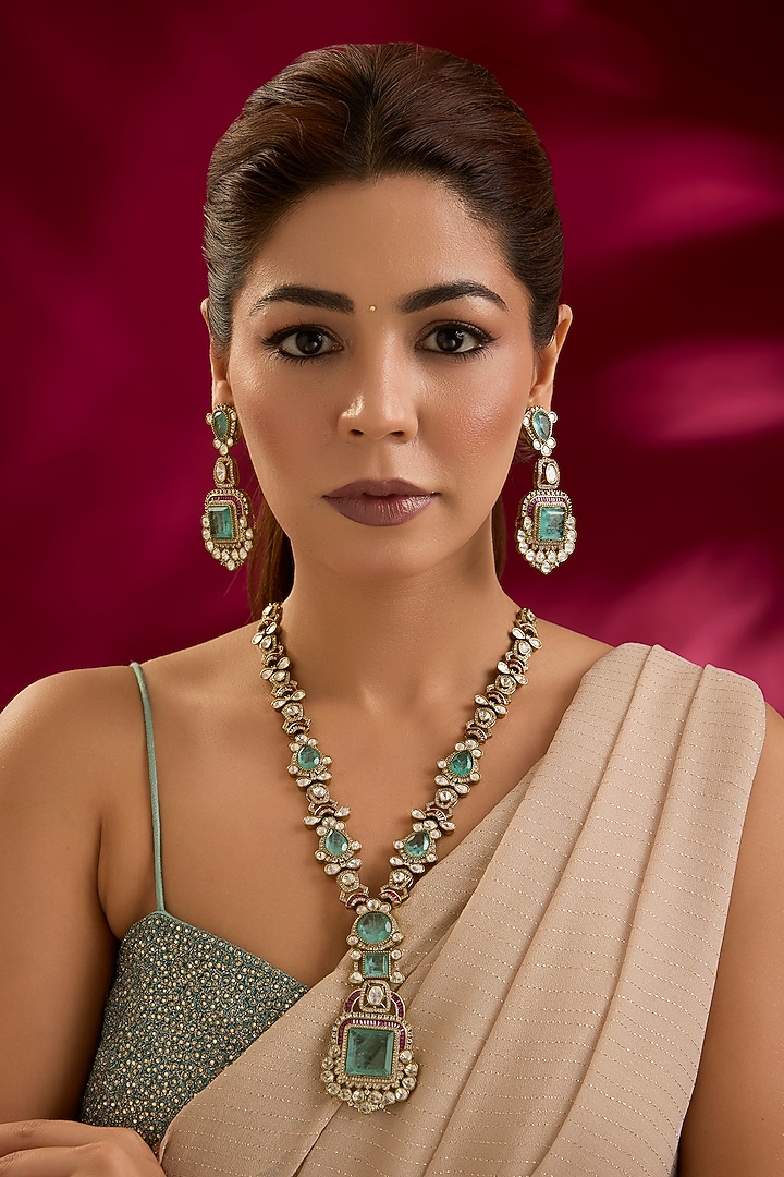 Gold Finish Kundan Polki & Blue Stone Long Necklace Set by Preeti Mohan at Pernia's Pop Up Shop