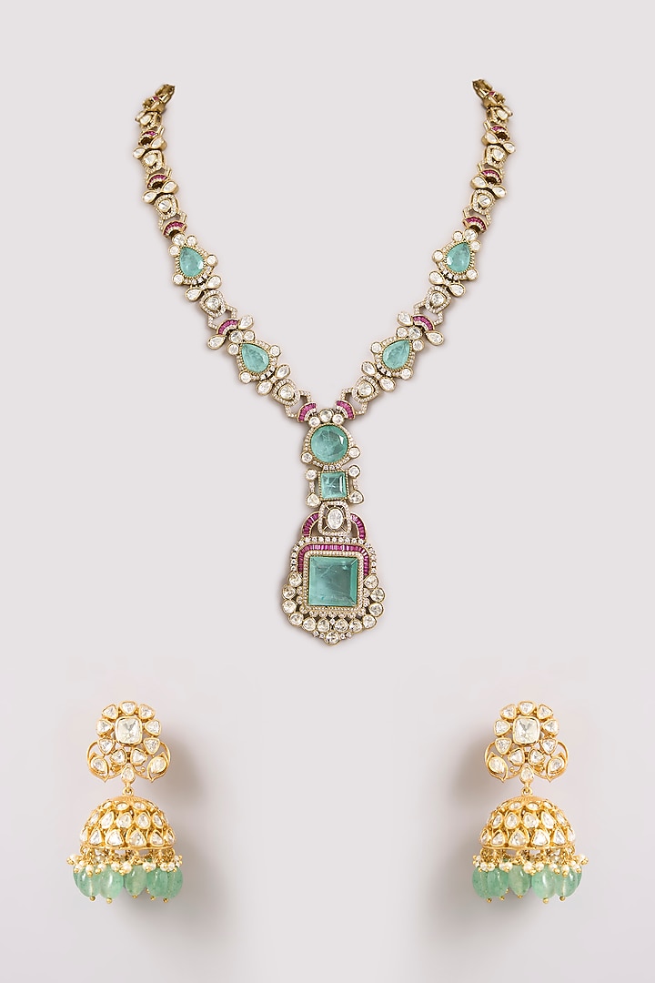 Gold Finish Kundan Polki & Blue Stone Long Necklace Set by Preeti Mohan at Pernia's Pop Up Shop