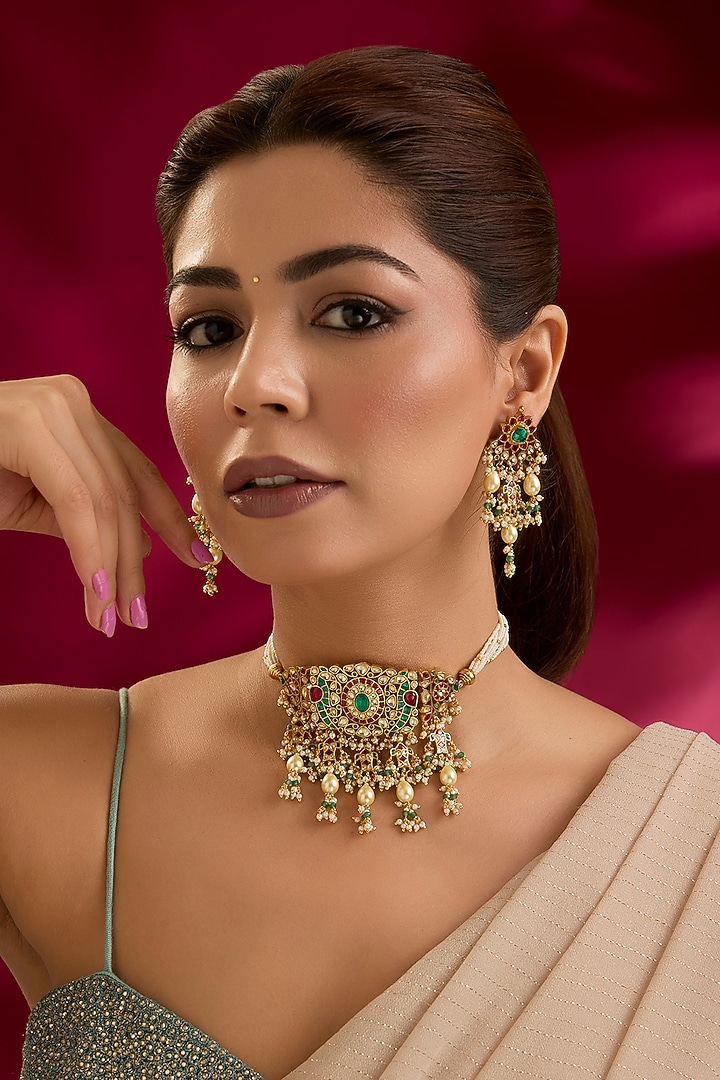 Gold Finish Kundan Polki & Seed Pearl Choker Necklace Set by Preeti Mohan at Pernia's Pop Up Shop