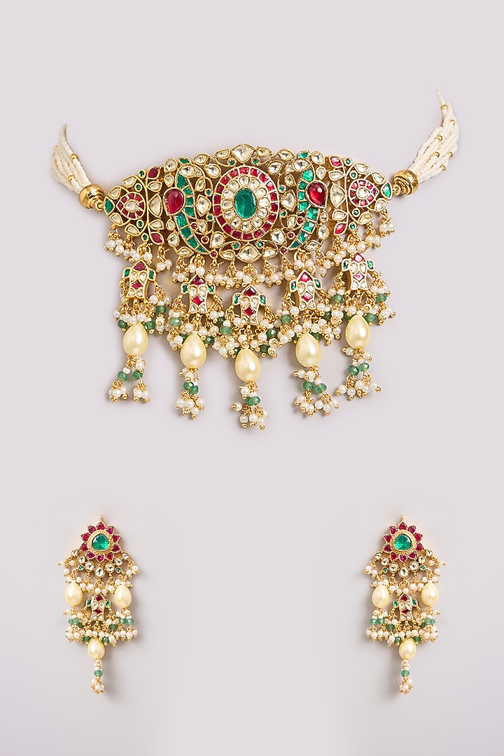Gold Finish Kundan Polki & Seed Pearl Choker Necklace Set by Preeti Mohan at Pernia's Pop Up Shop