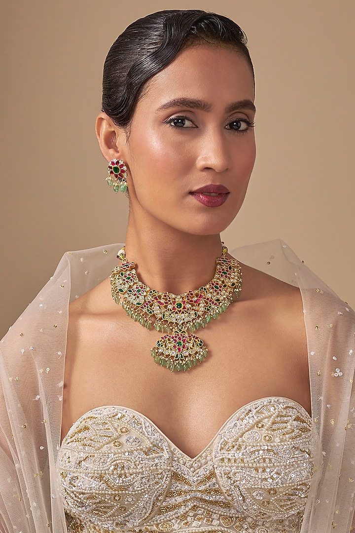 Gold Finish Kundan Polki & Green Stone Necklace Set by Preeti Mohan at Pernia's Pop Up Shop