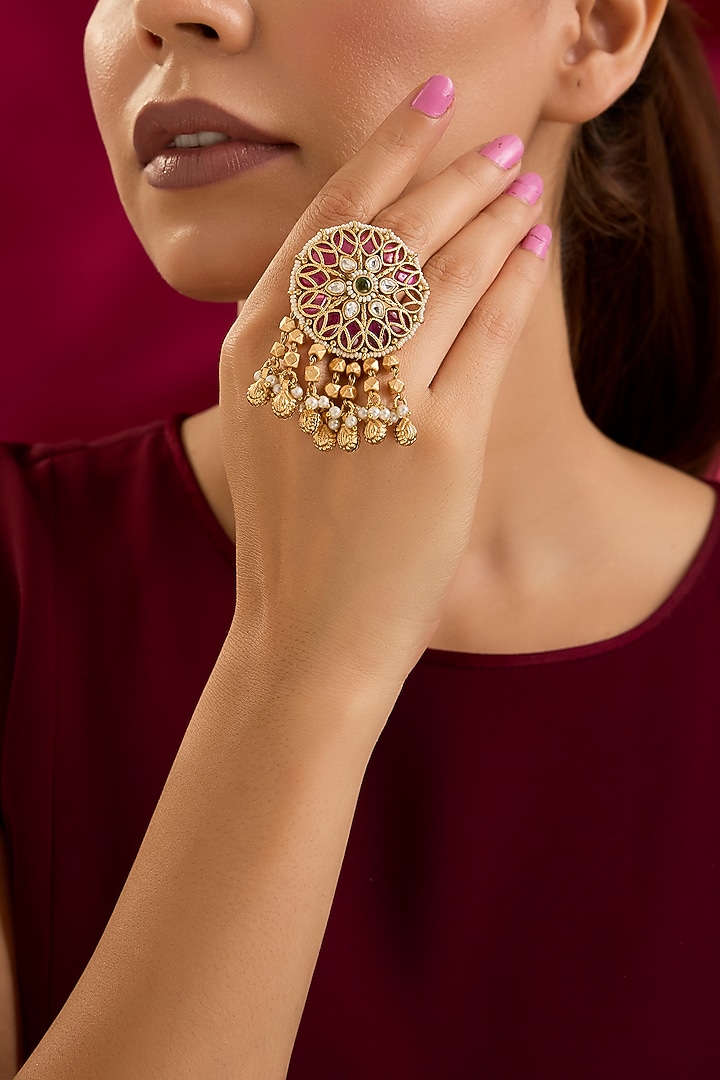 Gold Finish Kundan Polki Adjustable Ring by Preeti Mohan at Pernia's Pop Up Shop
