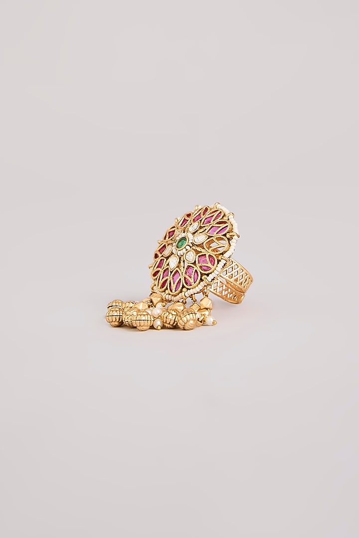 Gold Finish Kundan Polki Adjustable Ring by Preeti Mohan at Pernia's Pop Up Shop