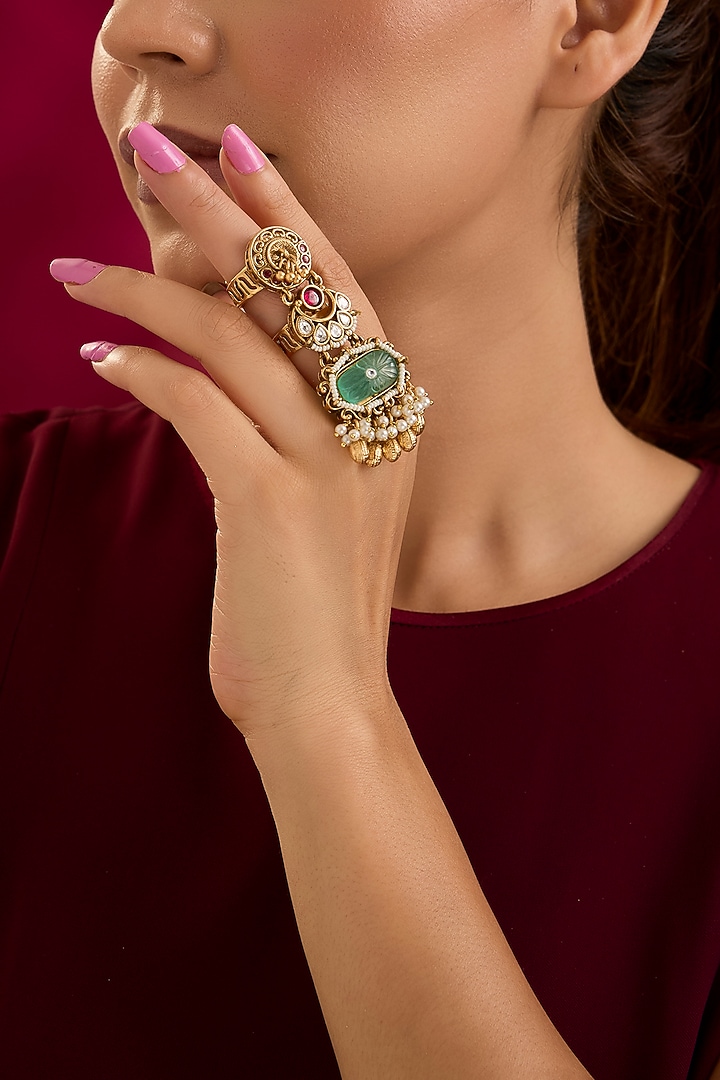 Gold Finish Kundan Polki & Aqua Stone Adjustable Ring by Preeti Mohan at Pernia's Pop Up Shop