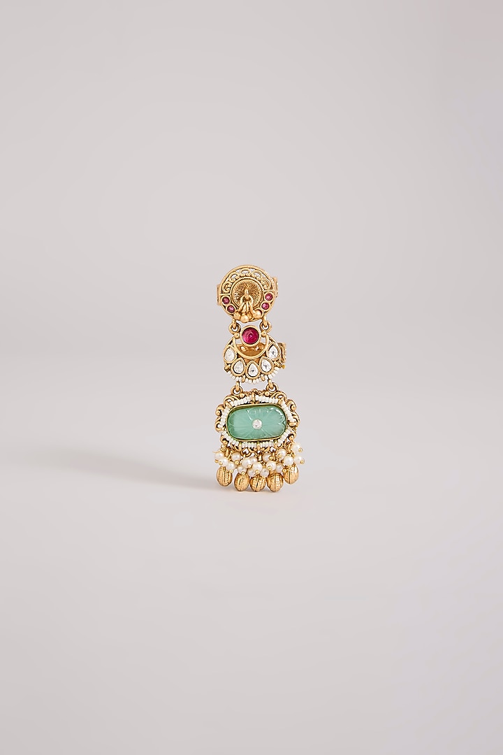 Gold Finish Kundan Polki & Aqua Stone Adjustable Ring by Preeti Mohan at Pernia's Pop Up Shop