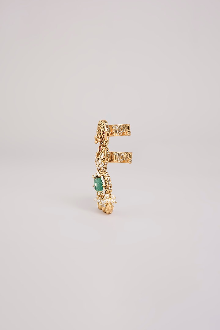 Gold Finish Kundan Polki & Aqua Stone Adjustable Ring by Preeti Mohan at Pernia's Pop Up Shop