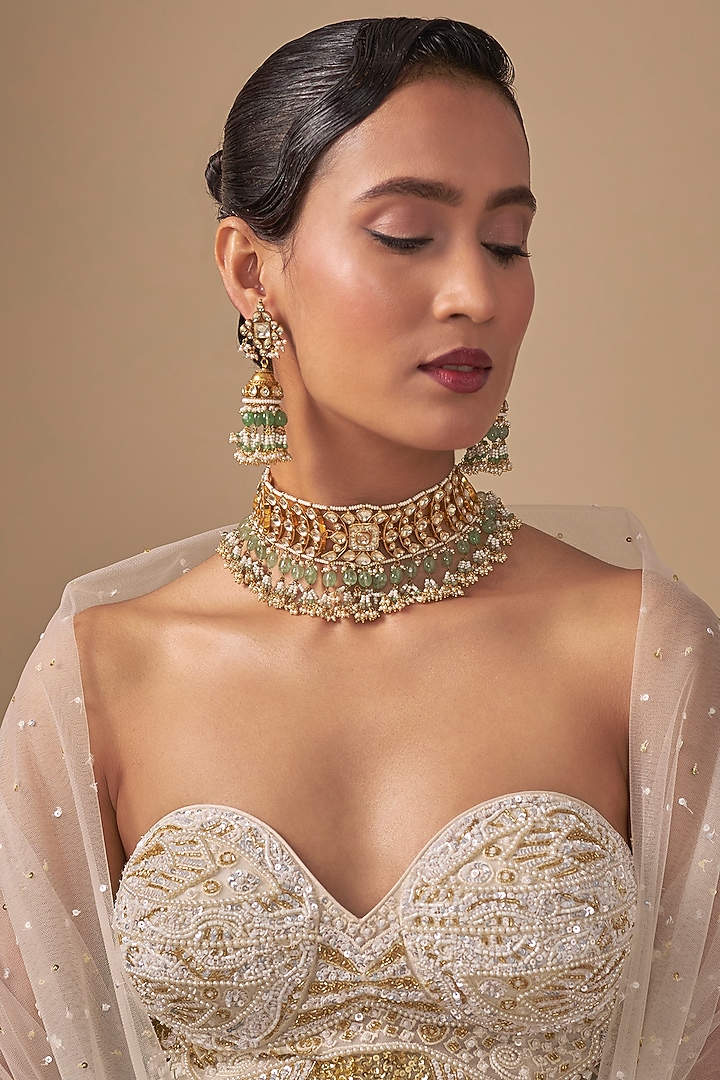 Gold Finish Kundan Polki & Green Stone Necklace Set by Preeti Mohan at Pernia's Pop Up Shop
