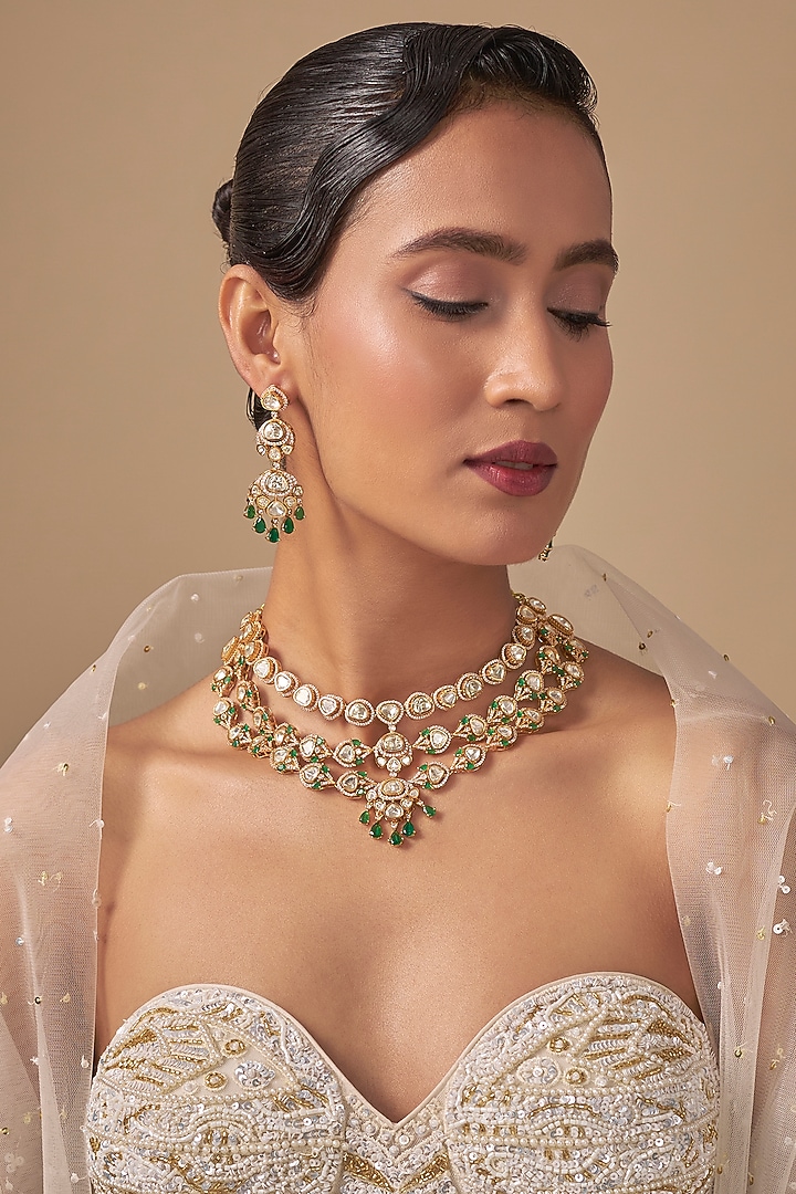 Gold Finish Kundan Polki Necklace Set by Preeti Mohan at Pernia's Pop Up Shop