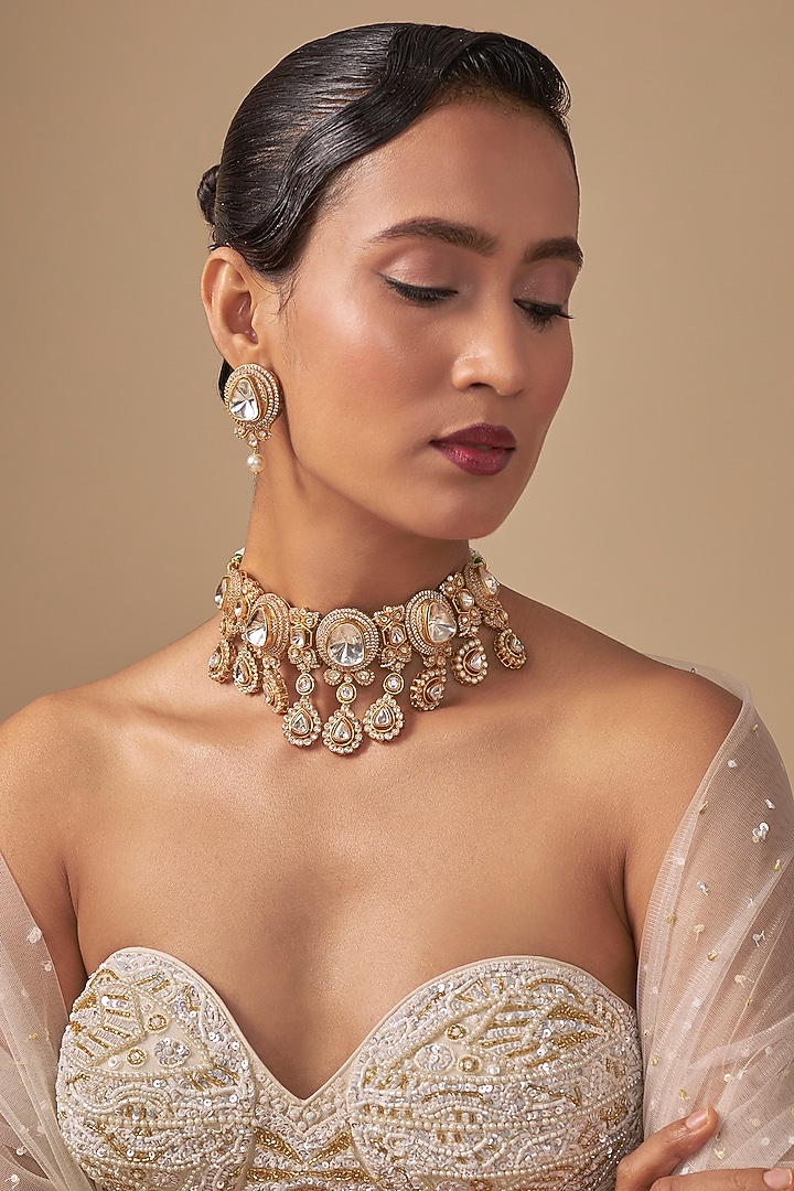Gold Finish Kundan Polki Choker Necklace Set by Preeti Mohan at Pernia's Pop Up Shop