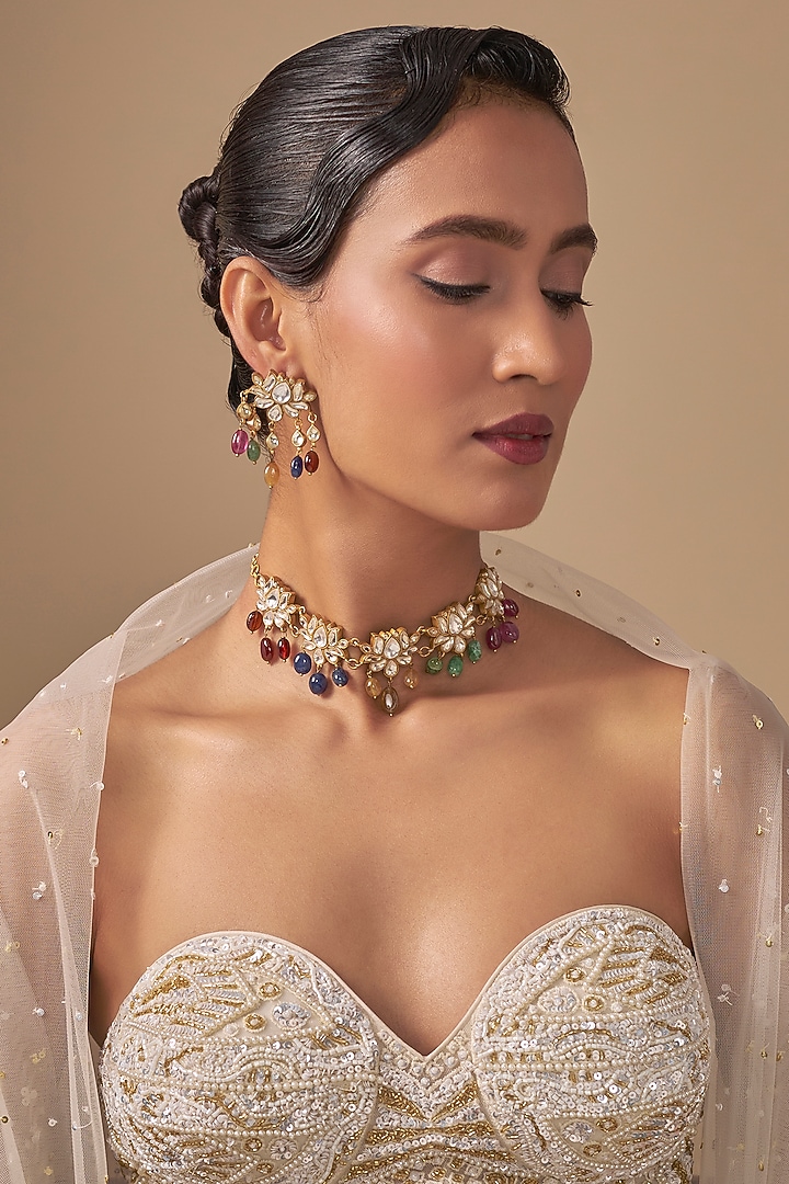 Gold Finish Kundan Polki & Multi-Colored Stone Choker Necklace Set by Preeti Mohan at Pernia's Pop Up Shop
