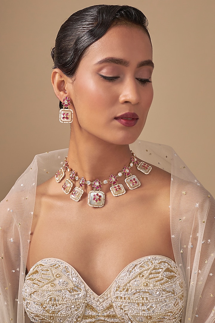 Gold Finish Zircon & Pink Stone Choker Necklace Set by Preeti Mohan at Pernia's Pop Up Shop