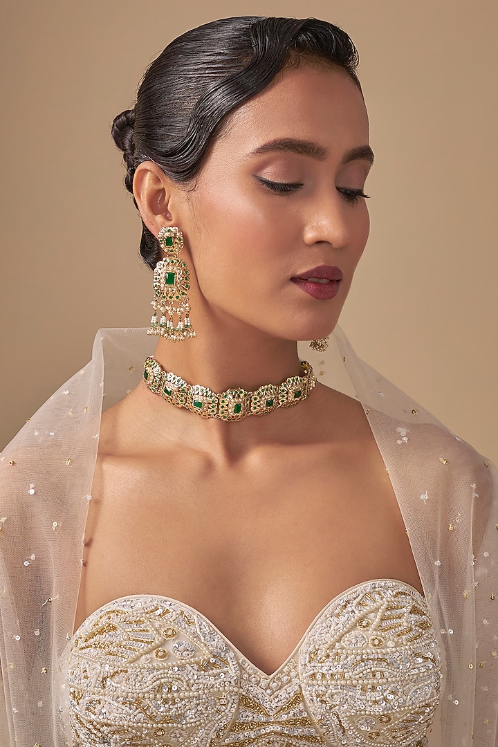 Gold Finish Kundan Polki Necklace Set by Preeti Mohan at Pernia's Pop Up Shop