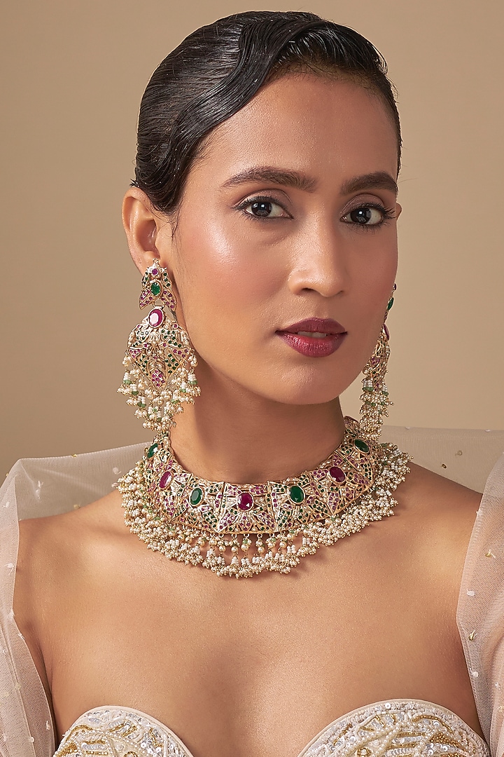 Gold Finish Kundan Polki & Multi-Colored Stone Necklace Set by Preeti Mohan at Pernia's Pop Up Shop