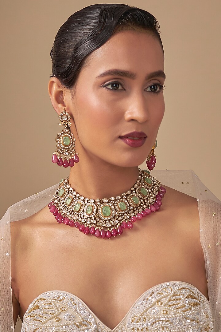 Gold Finish Kundan Polki & Pink Stone Necklace Set by Preeti Mohan at Pernia's Pop Up Shop