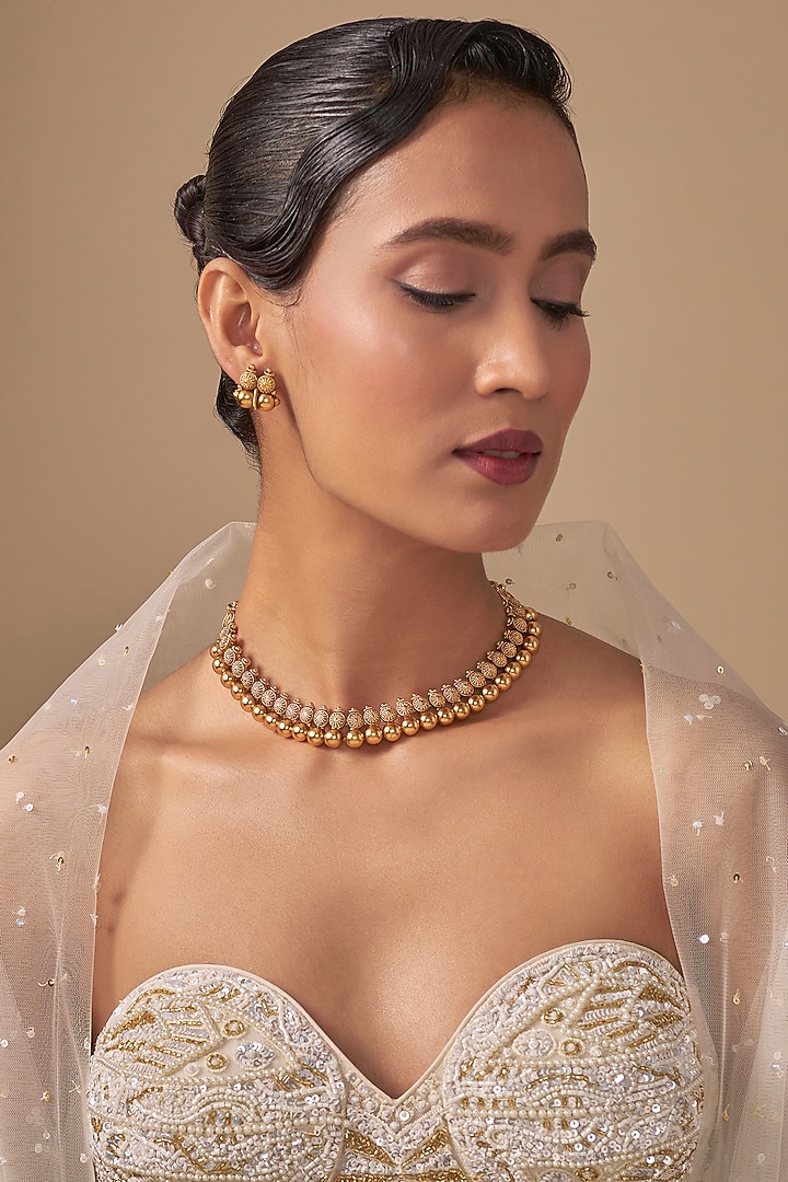 Gold Finish Gold Beaded Necklace Set by Preeti Mohan at Pernia's Pop Up Shop