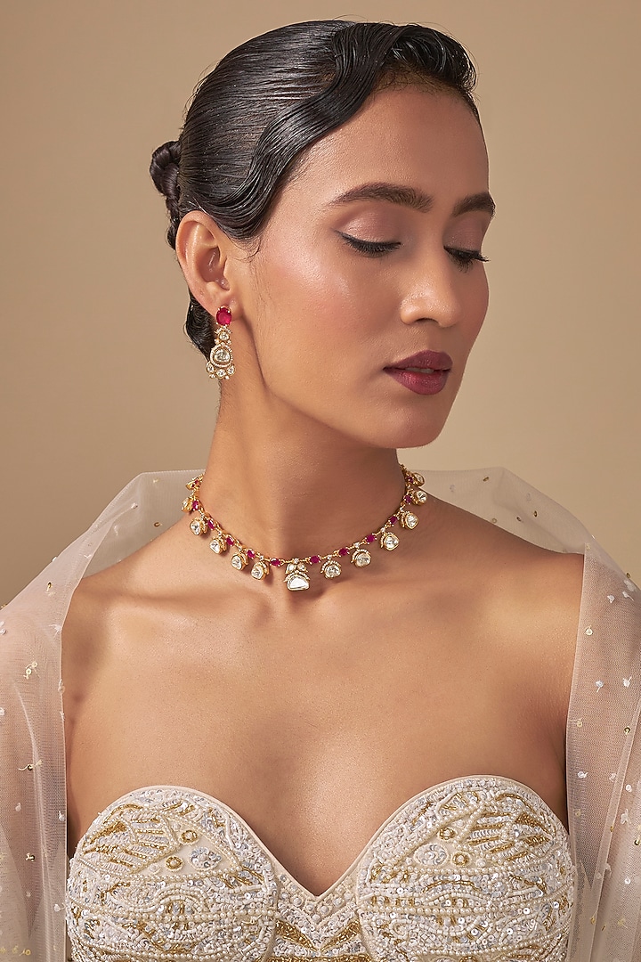 Gold Finish Kundan Polki & Red Stone Necklace Set by Preeti Mohan at Pernia's Pop Up Shop