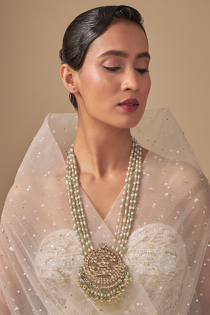 Gold Finish White & Green Beaded Long Necklace by Preeti Mohan at Pernia's Pop Up Shop