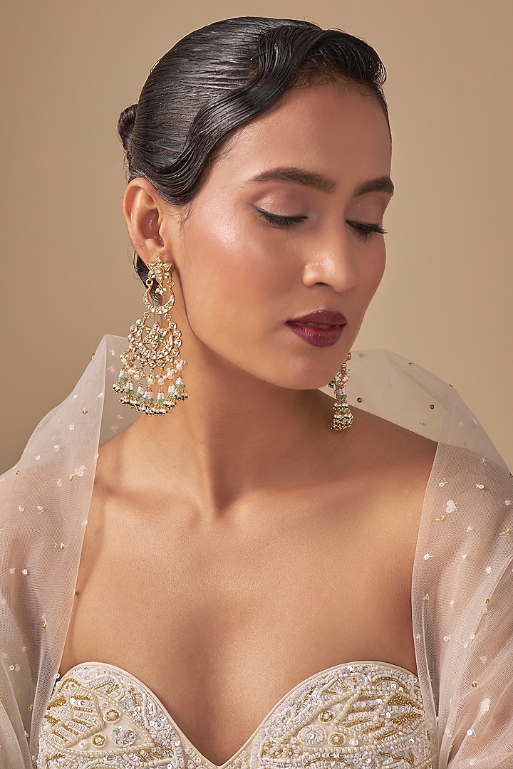 Gold Finish Kundan Polki Chandbali Earrings by Preeti Mohan at Pernia's Pop Up Shop