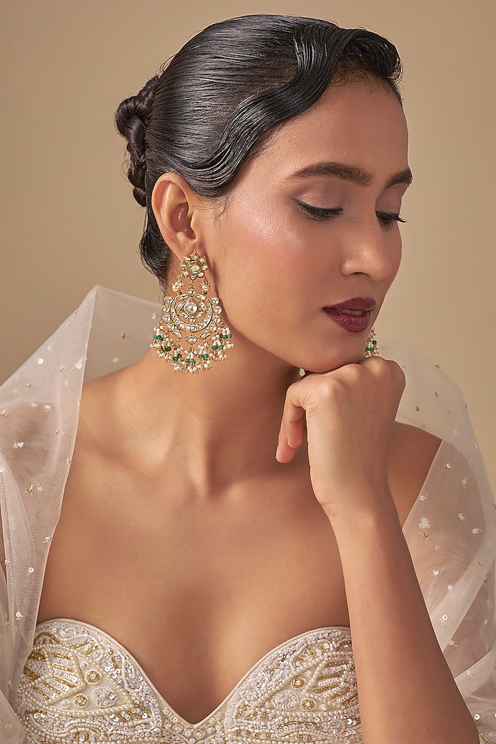 Gold Finish Green Stone & Kundan Polki Chandbali Earrings by Preeti Mohan at Pernia's Pop Up Shop
