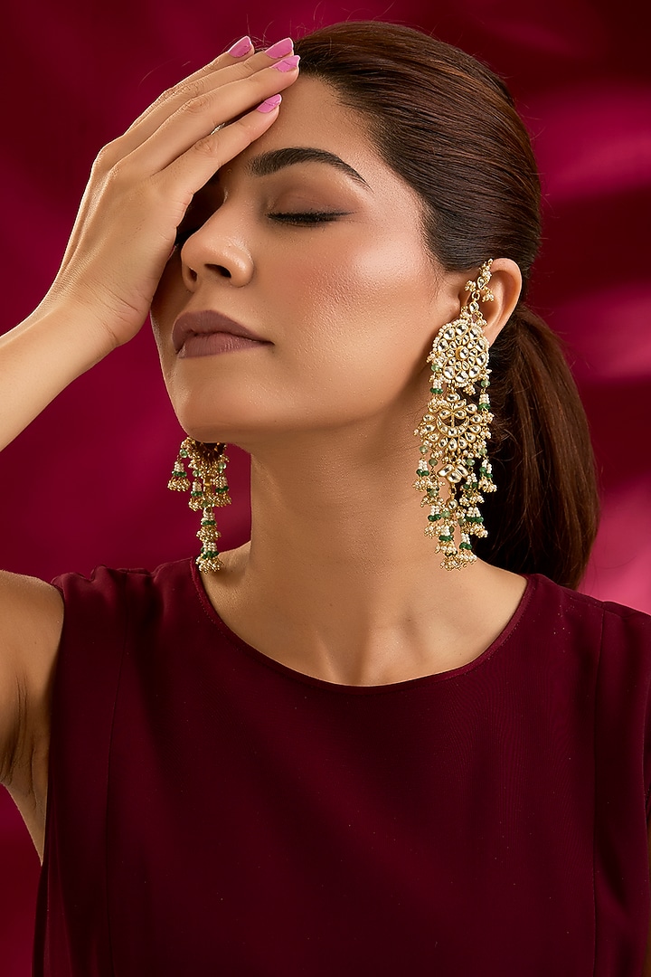 Gold Finish Kundan Polki & Seed Pearl Dangler Earrings by Preeti Mohan at Pernia's Pop Up Shop