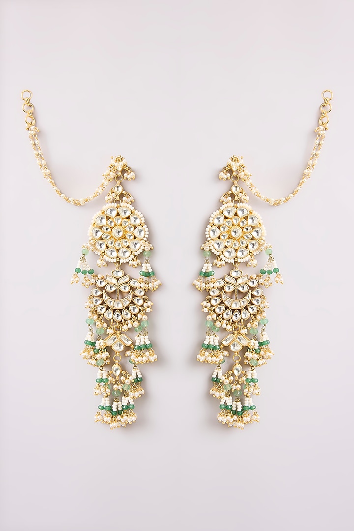 Gold Finish Kundan Polki & Seed Pearl Dangler Earrings by Preeti Mohan at Pernia's Pop Up Shop