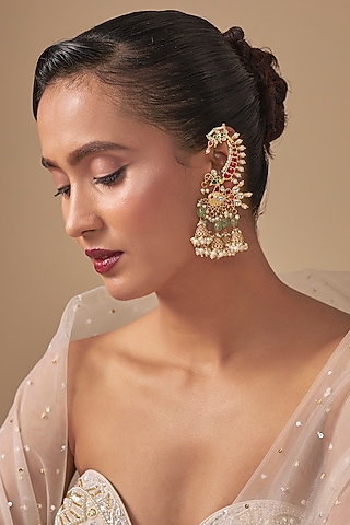 Gold Finish Kundan Polki & Green Stone Earcuffs by Preeti Mohan
