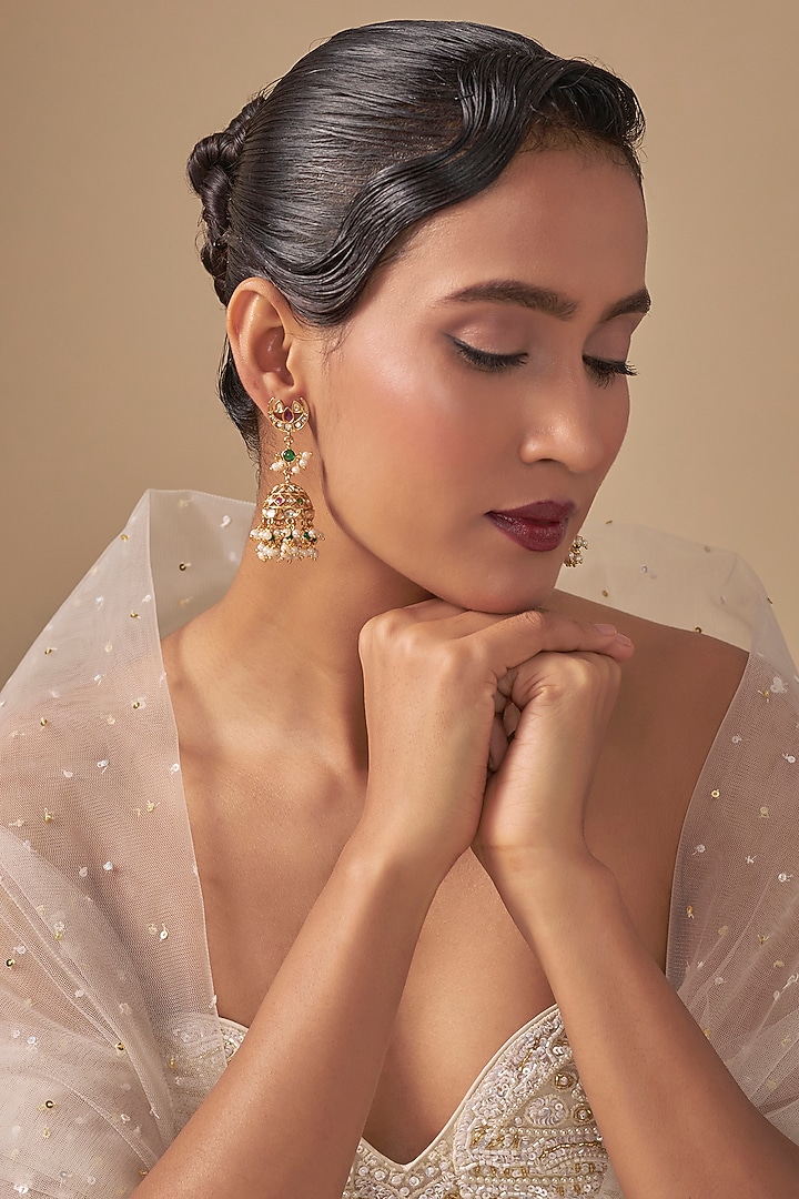 Gold Finish Kundan Polki & Seed Pearl Jhumka Earrings by Preeti Mohan at Pernia's Pop Up Shop