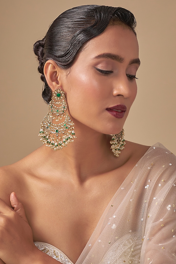 Gold Finish Kundan Polki & Green Stone Chandbali Earrings by Preeti Mohan at Pernia's Pop Up Shop