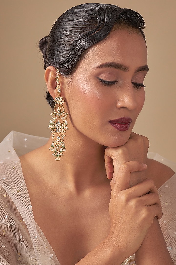 Gold Finish Kundan Polki & Beaded Dangler Earchains by Preeti Mohan at Pernia's Pop Up Shop