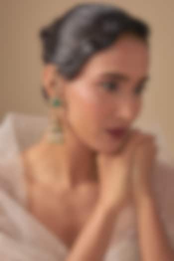Gold Finish Kundan Polki & Green Stone Jhumka Earchains by Preeti Mohan at Pernia's Pop Up Shop