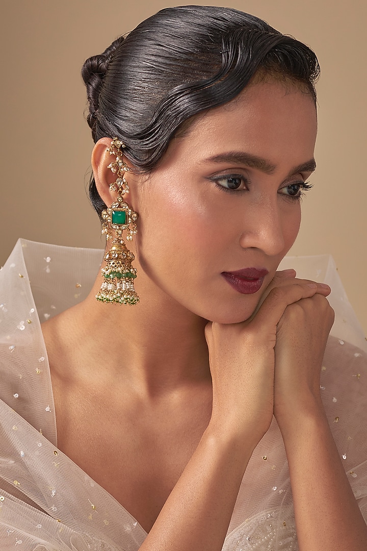 Gold Finish Kundan Polki & Green Stone Jhumka Earchains by Preeti Mohan at Pernia's Pop Up Shop